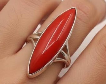 Elegant Marquise Red Stone Silver Ring , Bold Red Gem Statement jewellery