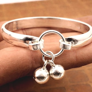 Handmade Silver Dangle Ball Bangle, sterling Silver Charm Bracelet with Double  Drops