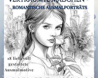 Chicas soñadoras - Retratos románticos para colorear | 18 diseños | PDF y JPG A4 | Descarga instantánea