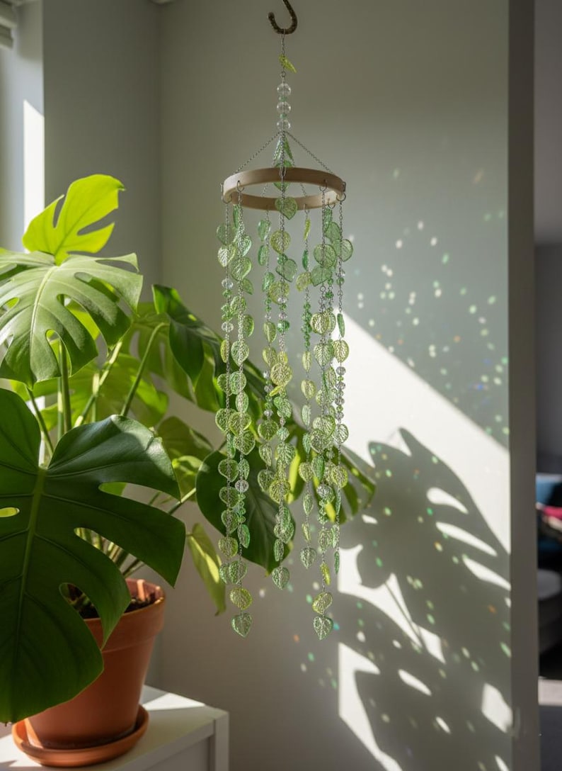 Handmade Leaf Suncatcher – Mini Cottagecore Window Decor with Crystal Beads