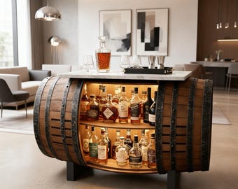 Modern Whiskey Barrel Bar Cabinet with Marble Top & LED Light, Rustic Wood Liquor Storage, Luxury Home Bar Table, Wine Display