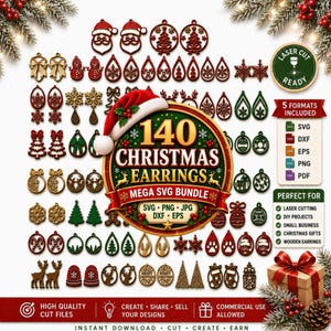 May include: A digital collection of 140 Christmas earring designs in a bundle, featuring various holiday motifs like Santa, snowflakes, trees, and reindeer in red, green, and gold colours, with text labels for file formats and usage.
