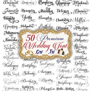 May include: A collection of 50 premium wedding fonts in various elegant styles. The image features a gold-framed sign with the text "50 Premium Wedding Font" and includes wedding rings and a couple illustration. The fonts are in black script.