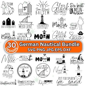Peut inclure: Un ensemble de 30 motifs nautiques allemands en formats SVG, PNG, JPG, EPS et DXF. Les motifs en noir et blanc comprennent des phares, des voiliers, des mouettes et des phrases comme "Meer Liebe" et "Moin".