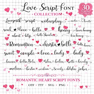 May include: A digital graphic design featuring a collection of romantic heart script fonts. The image includes the text "Love Script Font Collection" and "Romantic Heart Script Fonts", with various font examples and pink heart illustrations.