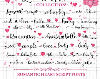Fonts: Hearts, Script, Cursive, Signature, Swashes, Wedding; SVG, Cricut Font Bundle - Instant Download