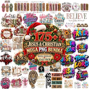 May include: A digital collection of Christian-themed graphic designs featuring crosses, floral wreaths, leopard print patterns, and inspirational text. A central circular emblem displays the text 175+ JESUS & CHRISTIAN MEGA PNG BUNDLE.