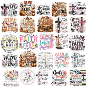 May include: A collection of twenty-five individual graphic designs featuring Christian-themed text, crosses, floral arrangements, pumpkins, and autumn motifs. Each design incorporates inspirational phrases and religious imagery in various colorful fonts.