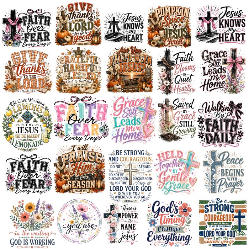 May include: A collection of twenty-five individual graphic designs featuring Christian-themed text, crosses, floral arrangements, pumpkins, and autumn motifs. Each design incorporates inspirational phrases and religious imagery in various colorful fonts.