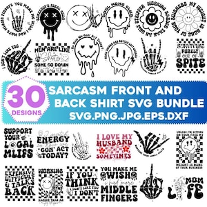Può includere: Una collezione di 30 design sarcastici per magliette fronte e retro in formati SVG, PNG, JPG, EPS e DXF. I design presentano varie grafiche e testi, tra cui mani di scheletro e frasi umoristiche.