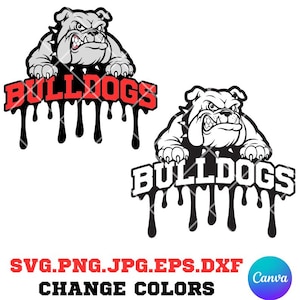 May include: Two bulldog graphics with the word "BULLDOGS" above a dripping design. One graphic is red and black, the other is black and white. Below the graphics are the words "SVG.PNG.JPG.EPS.DXF" and "CHANGE COLORS".