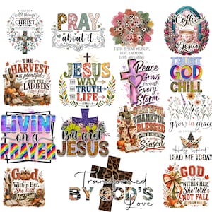 May include: A collection of religious-themed digital graphic designs featuring crosses, floral elements, pumpkins, and inspirational text such as 'I can do all things through Christ', 'Pray about it', 'Jesus the way the truth the life', and 'God is within her'.
