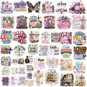 May include: A collection of various Christian-themed graphic designs featuring colorful illustrations of crosses, flowers, butterflies, pumpkins, and religious text such as Jesus is my Lifeline, God is Good, and Faith Blooms in Quiet Hearts.