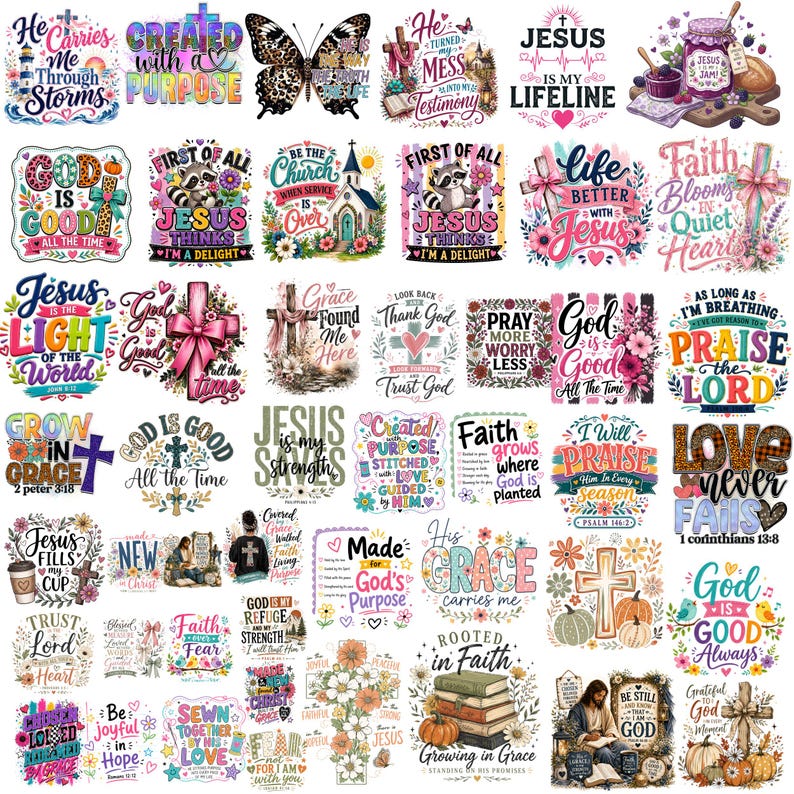 May include: A collection of various Christian-themed graphic designs featuring colorful illustrations of crosses, flowers, butterflies, pumpkins, and religious text such as Jesus is my Lifeline, God is Good, and Faith Blooms in Quiet Hearts.