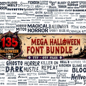 May include: A digital graphic featuring a collection of Halloween-themed fonts. The central banner reads "MEGA HALLOWEEN FONT BUNDLE" with "135 PREMIUM HALLOWEEN FONTS" in a decorative frame. Various spooky words like "TERROR" and "BLOOD" are scattered around.