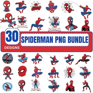 Może przedstawiać: Zestaw 30 wzorów PNG Spidermana. Obrazy przedstawiają Spidermana w różnych pozach, z czerwoną i niebieską kolorystyką. Tekst "SPIDERMAN PNG BUNDLE" jest wyświetlany na czerwono-niebieskim banerze.