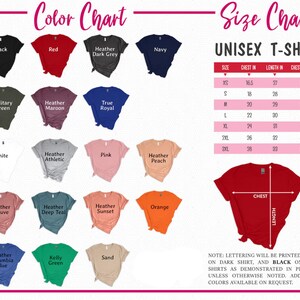Puede incluir: Tabla de colores y tallas para una camiseta unisex. La tabla de colores muestra varios colores de camisetas, incluyendo negro, rojo, azul marino y rosa. La tabla de tallas muestra las medidas de pecho y largo en cm.