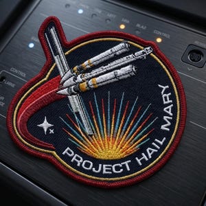 May include: Embroidered patch with a circular design featuring a spacecraft and the text "PROJECT HAIL MARY." The patch has a navy blue background with red, yellow, and blue accents, and a white star.
