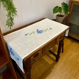 Hand Embroidered Table Runner, Blue Floral Linen-Look Fabric, Narrow Dresser Runner, Farmhouse Cottage Decor, 15 x 43 Inches