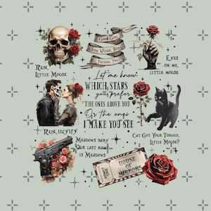 May include: A digital art print featuring a skull, roses, a black cat, a gun, and a ticket. Text includes phrases like "Good Girl" and "House of Mirrors." The artwork has a vintage, gothic aesthetic with a light green background.