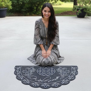 Felpudo de bienvenida de goma semicircular – Alfombra floral antideslizante para entrada (40,6 x 71,1 cm)