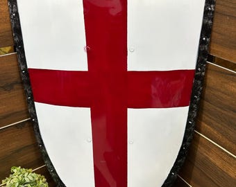 Crusader Shield | Metal Red Cross Knight Armor, Display Prop | Medieval Wall Decor | LARP