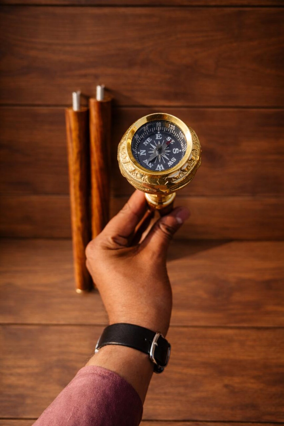 Brass Compass Walking Stick | Vintage Nautical Hardwood Cane, Maritime ...