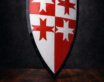 Medieval Knight Shield | Handcrafted Iron Steel Armor Replica (Red White Cross) LARP & Renaissance faire