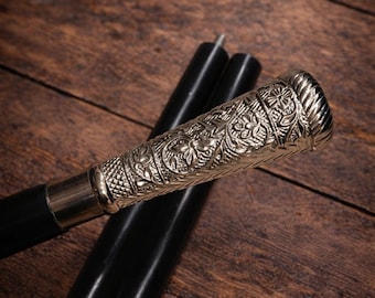Victorian Style Walking Cane – Ornate Engraved Metal Handle Folding Wooden Stick