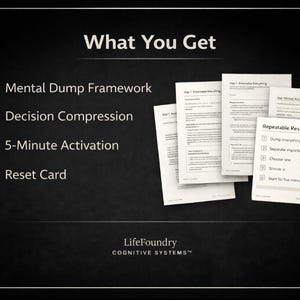 May include: Image of a black background with white text and a stack of papers. The text reads "What You Get" followed by a list: Mental Dump Framework, Decision Compression, 5-Minute Activation, and Reset Card. The papers include a "Repeatable Reset Card".