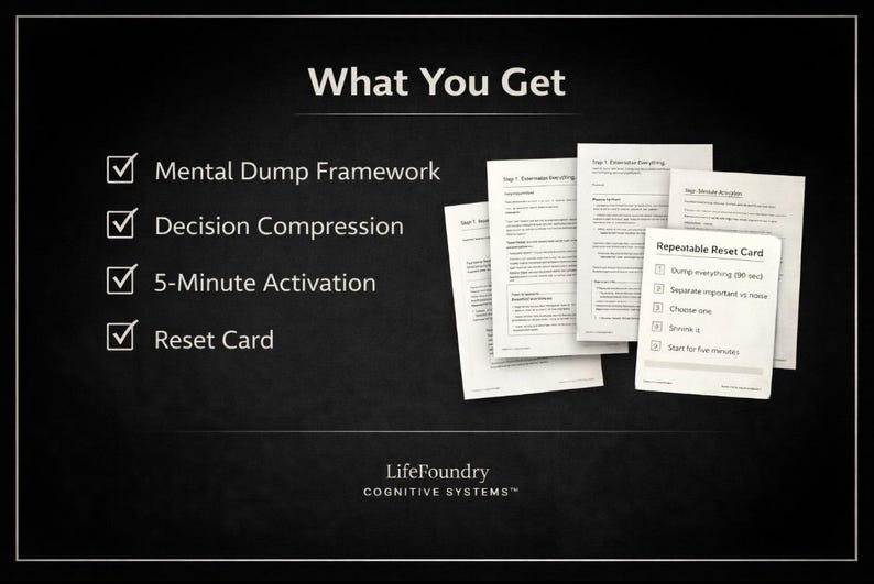 May include: Image of a black background with white text and a stack of papers. The text reads "What You Get" followed by a list: Mental Dump Framework, Decision Compression, 5-Minute Activation, and Reset Card. The papers include a "Repeatable Reset Card".