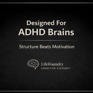 May include: Black background with white text that reads "Designed For ADHD Brains" and "Structure Beats Motivation." A brain graphic and the words "LifeFoundry Cognitive Systems" are also present.