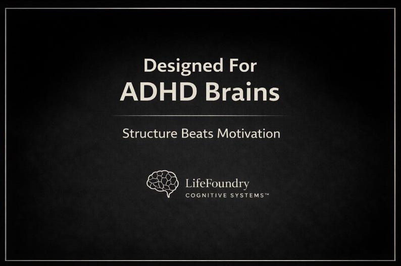 May include: Black background with white text that reads "Designed For ADHD Brains" and "Structure Beats Motivation." A brain graphic and the words "LifeFoundry Cognitive Systems" are also present.