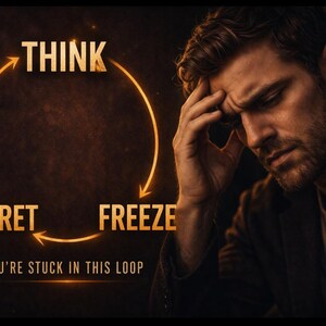 May include: A man with a pensive expression, touching his forehead, is featured in a dark, moody image. The words "THINK", "FREEZE", and "REGRET" are arranged in a circular pattern with arrows, and the text "YOU'RE STUCK IN THIS LOOP" is below.