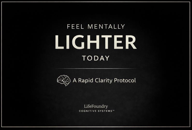 May include: Black background with white text that reads "FEEL MENTALLY LIGHTER TODAY." Below the text is a brain graphic and the words "A Rapid Clarity Protocol." The LifeFoundry Cognitive Systems logo is at the bottom.