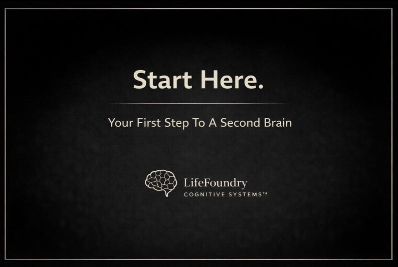 May include: A dark background with white text that reads "Start Here." Below, the text says "Your First Step To A Second Brain." A brain graphic and the words "LifeFoundry COGNITIVE SYSTEMS&trade;" are also present.