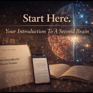 May include: Image promoting a "Second Brain" concept. The image features a book, a smartphone displaying text, and a document titled "Second Brain Starter System." The background includes a stylized brain graphic and the text "Start Here."