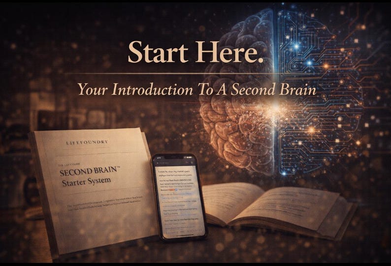 May include: Image promoting a "Second Brain" concept. The image features a book, a smartphone displaying text, and a document titled "Second Brain Starter System." The background includes a stylized brain graphic and the text "Start Here."