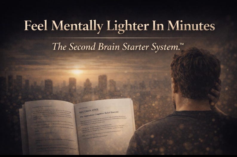 May include: Image features the text "Feel Mentally Lighter In Minutes" and "The Second Brain Starter System." A person is looking at an open book with text, with a cityscape and sunset in the background.