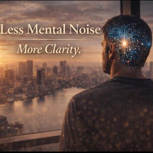 May include: A digital illustration depicts a person looking out over a cityscape at sunset. The text "Less Mental Noise More Clarity" is overlaid on the image. The person's head has a digital circuit design.