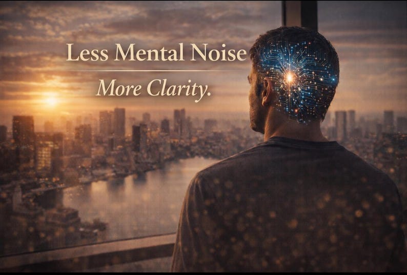 May include: A digital illustration depicts a person looking out over a cityscape at sunset. The text "Less Mental Noise More Clarity" is overlaid on the image. The person's head has a digital circuit design.