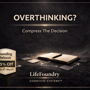 May include: An advertisement with the text "OVERTHINKING? Compress The Decision." A book is open with a pen on top. The ad includes a badge that says "Founding Release 25% Off Ends 5th March." The LifeFoundry logo is at the bottom.