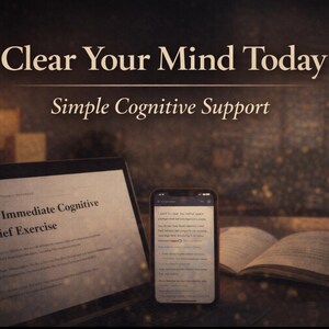 May include: Image with the text "Clear Your Mind Today" and "Simple Cognitive Support." A tablet displays text titled "The Immediate Cognitive Relief Exercise." A smartphone and an open book are also visible.