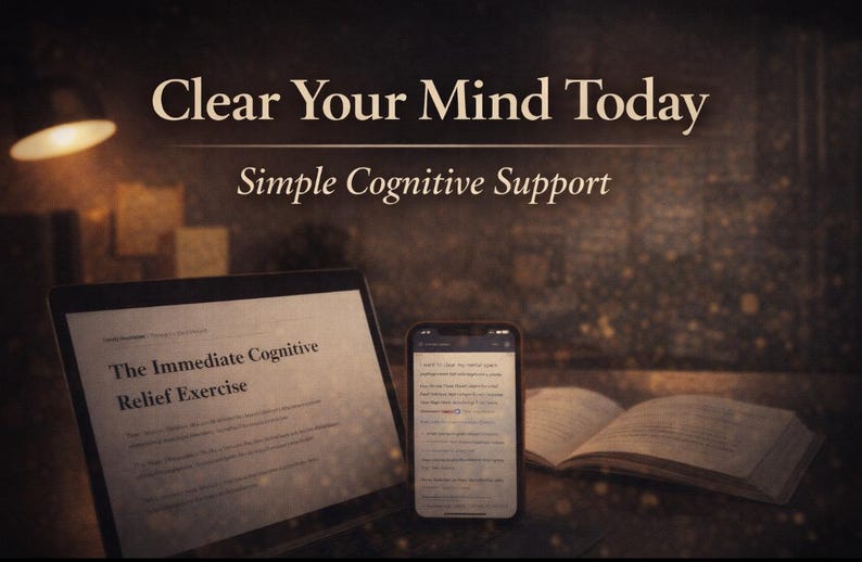 May include: Image with the text "Clear Your Mind Today" and "Simple Cognitive Support." A tablet displays text titled "The Immediate Cognitive Relief Exercise." A smartphone and an open book are also visible.