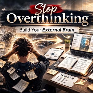 May include: An image promoting the concept of overcoming overthinking. The text "Stop Overthinking" and "Build Your External Brain" are prominently displayed. A person is at a desk surrounded by notes, a laptop, and a coffee cup, suggesting productivity and organization.