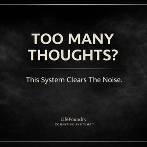 May include: A black background with white text that reads "TOO MANY THOUGHTS?" and "This System Clears The Noise." The LifeFoundry Cognitive Systems logo is at the bottom. The image has a smoky, textured effect.