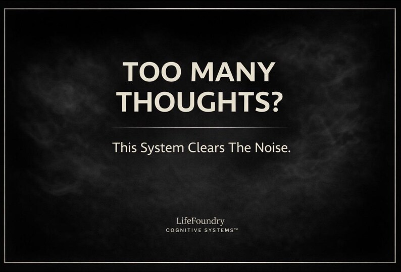 May include: A black background with white text that reads "TOO MANY THOUGHTS?" and "This System Clears The Noise." The LifeFoundry Cognitive Systems logo is at the bottom. The image has a smoky, textured effect.