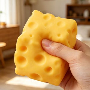 May include: A yellow, cheese-shaped stress ball with several holes. The stress ball is being squeezed by a hand. The cheese-shaped stress ball is a fun and quirky item.