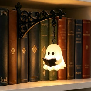 Lámpara de estantería con forma de fantasma, decoración de estantería estilo academia oscura, adorno de mini linterna de calabaza con forma de fantasma, accesorio para rincón de lectura, luz para estantería de libros de Halloween.