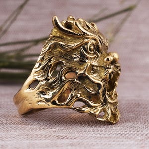 Antique Gold Brass Foo Dog Ring, Gothic Biker Jewelry